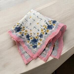 Vintage Hankerchief Blue Pink Yellow Flowers Floral Pocket Scarf Hanky 12"